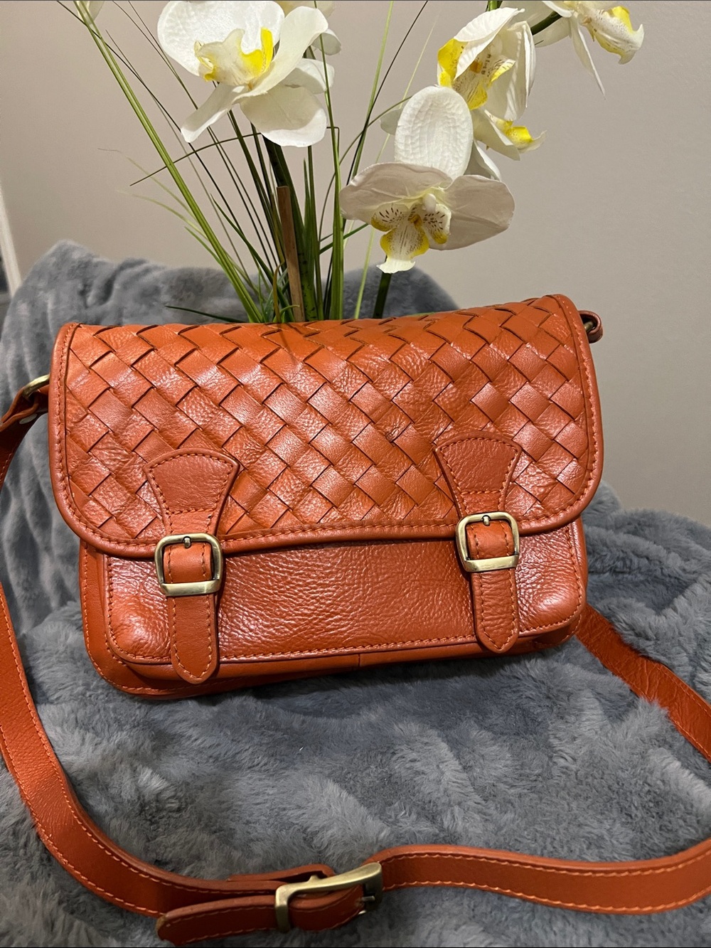 Woven Flap Crossbody Bag in Orange/Brown Leather EUC retail $149